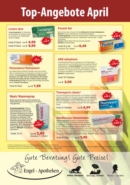 Aktuelle Monatsangebote Ihrer Apotheke Monatlicher Angebotsflyer der Apotheke mit Informationen zu Öffnungszeiten, Leistungen, Aktionen und wechselnden Produkten aus Gesundheit und Pflege.