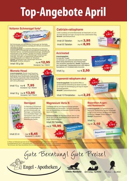 Aktuelle Monatsangebote Ihrer Apotheke Monatlicher Angebotsflyer der Apotheke mit Informationen zu Öffnungszeiten, Leistungen, Aktionen und wechselnden Produkten aus Gesundheit und Pflege.