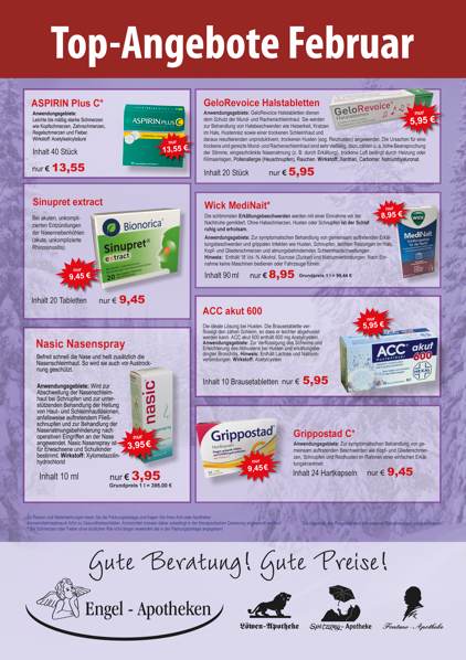 Aktuelle Monatsangebote Ihrer Apotheke Monatlicher Angebotsflyer der Apotheke mit Informationen zu Öffnungszeiten, Leistungen, Aktionen und wechselnden Produkten aus Gesundheit und Pflege.
