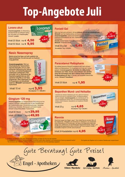 Aktuelle Monatsangebote Ihrer Apotheke Monatlicher Angebotsflyer der Apotheke mit Informationen zu Öffnungszeiten, Leistungen, Aktionen und wechselnden Produkten aus Gesundheit und Pflege.