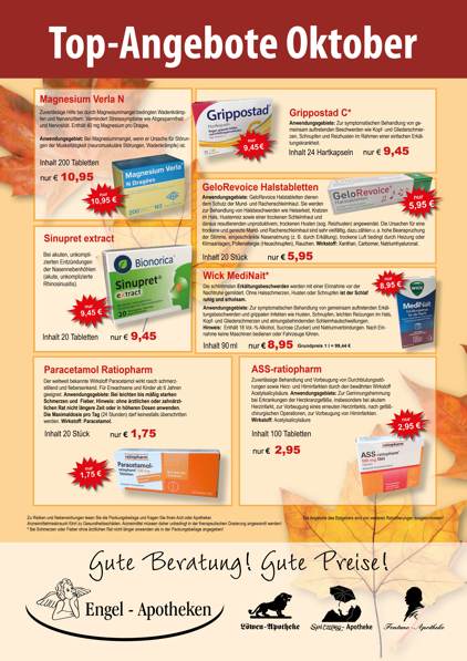 Aktuelle Monatsangebote Ihrer Apotheke Monatlicher Angebotsflyer der Apotheke mit Informationen zu Öffnungszeiten, Leistungen, Aktionen und wechselnden Produkten aus Gesundheit und Pflege.