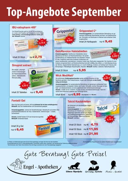 Aktuelle Monatsangebote Ihrer Apotheke Monatlicher Angebotsflyer der Apotheke mit Informationen zu Öffnungszeiten, Leistungen, Aktionen und wechselnden Produkten aus Gesundheit und Pflege.
