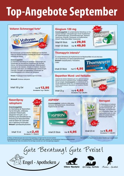 Aktuelle Monatsangebote Ihrer Apotheke Monatlicher Angebotsflyer der Apotheke mit Informationen zu Öffnungszeiten, Leistungen, Aktionen und wechselnden Produkten aus Gesundheit und Pflege.