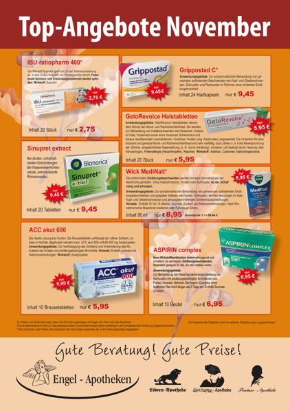 Aktuelle Monatsangebote Ihrer Apotheke Monatlicher Angebotsflyer der Apotheke mit Informationen zu Öffnungszeiten, Leistungen, Aktionen und wechselnden Produkten aus Gesundheit und Pflege.